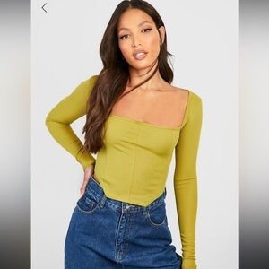 Tall Rib‎ Corset Detail Longsleeve Top- green size 10
